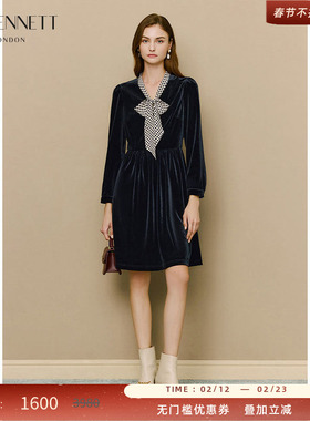 LK BENNETT黑色丝绒波点飘带连衣裙冬新款蝴蝶结系带珠扣