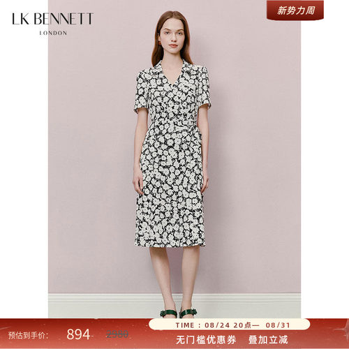 LK BENNETT黑色印花连衣裙夏新款v领收腰系带法式复古优雅