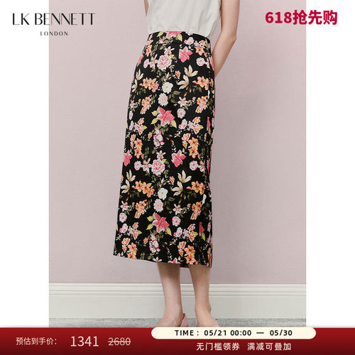 LK BENNETT黑色碎花半身裙女夏夏新款高腰带法式a字修身中长