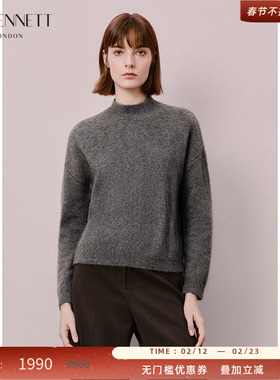 LK BENNETT纯色高级灰色圆领毛衣2025年新款牦牛绒套头针织衫