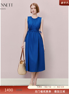 LK BENNETT蓝色纯棉无袖连衣裙2025年夏季新款女简约宽松抽绳收腰