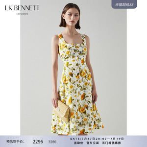 LK BENNETT黄色印花无袖连衣裙方领度假风清新浪漫吊带裙