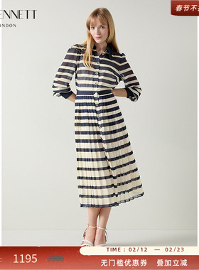 LK BENNETT蓝白条纹polo领连衣裙女秋新款通勤长袖衬衫式