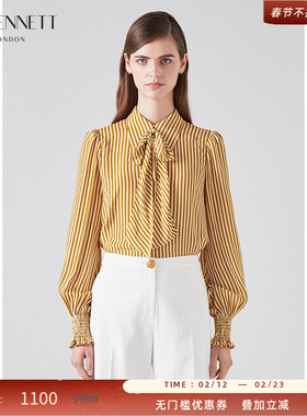 LK BENNETT黄色条纹真丝混纺衬衫女新款气质法式长袖衬衣通勤