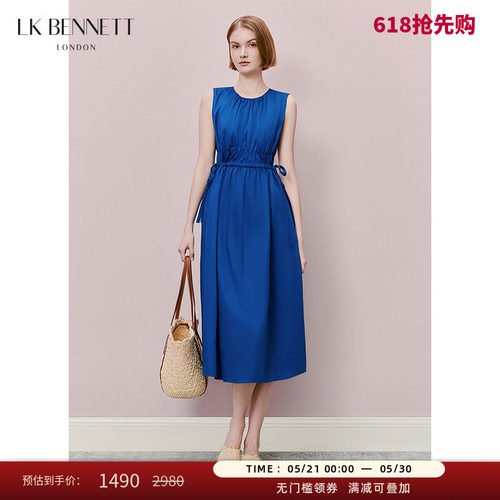 LK BENNETT蓝色纯棉无袖连衣裙夏季新款女简约宽松抽绳收腰