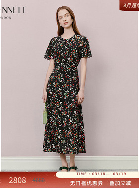 LK BENNETT黑色碎花连衣裙2025年夏新款圆领法式印花收腰清新长裙