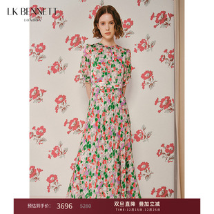 lkbennett高级感印花真丝连衣裙女夏季 收腰桑蚕丝缎面感长裙 短袖