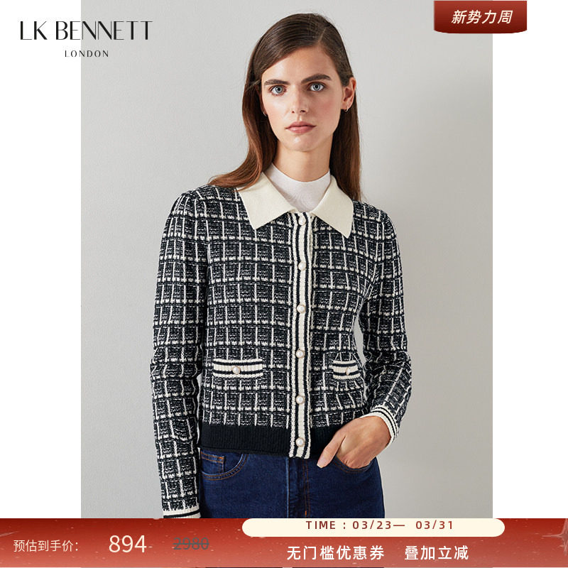 LK BENNETT黑色格子法式短款针织开衫女新款春翻领毛衣小外套