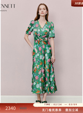 LK BENNETT绿色印花连衣裙2025年夏新款V领收腰法式复古优雅