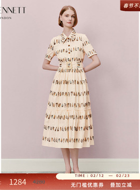 LK BENNETT米色衬衫领连衣裙新款贝壳印花束腰纯棉衬衫裙