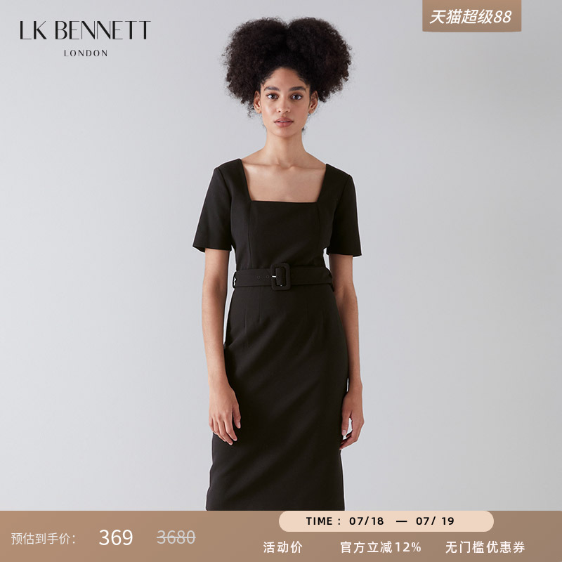 【限时低折】lkbennett黑色连衣裙女春夏短袖方领修身一步裙西装
