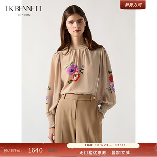 口衬衫 花卉图案松紧袖 BENNETT卡其色真丝印花上衣春夏款