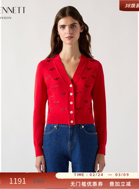 LK BENNETT法式红色刺绣针织开衫年冬新款时尚单排扣V领短款