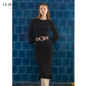 LK BENNETT黑色针织连衣裙女冬23新款长袖修身优雅花苞裙长裙