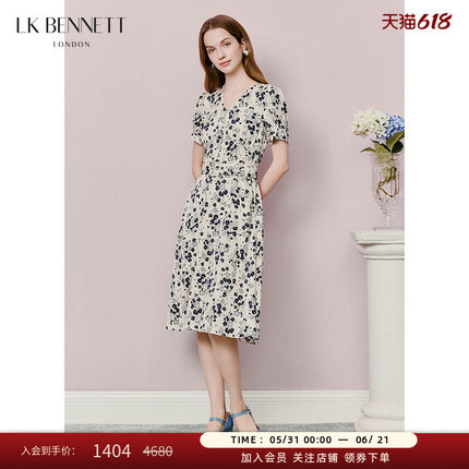 LK BENNETT米色连衣裙夏新款v领碎花法式收腰高级感印花