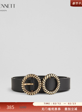 LK BENNETT黑色牛皮革宽腰带女新款真皮双圆形环扣
