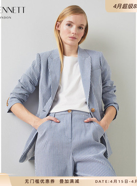LK BENNETT蓝色条纹西装外套女新款春季一粒扣休闲西服老钱风