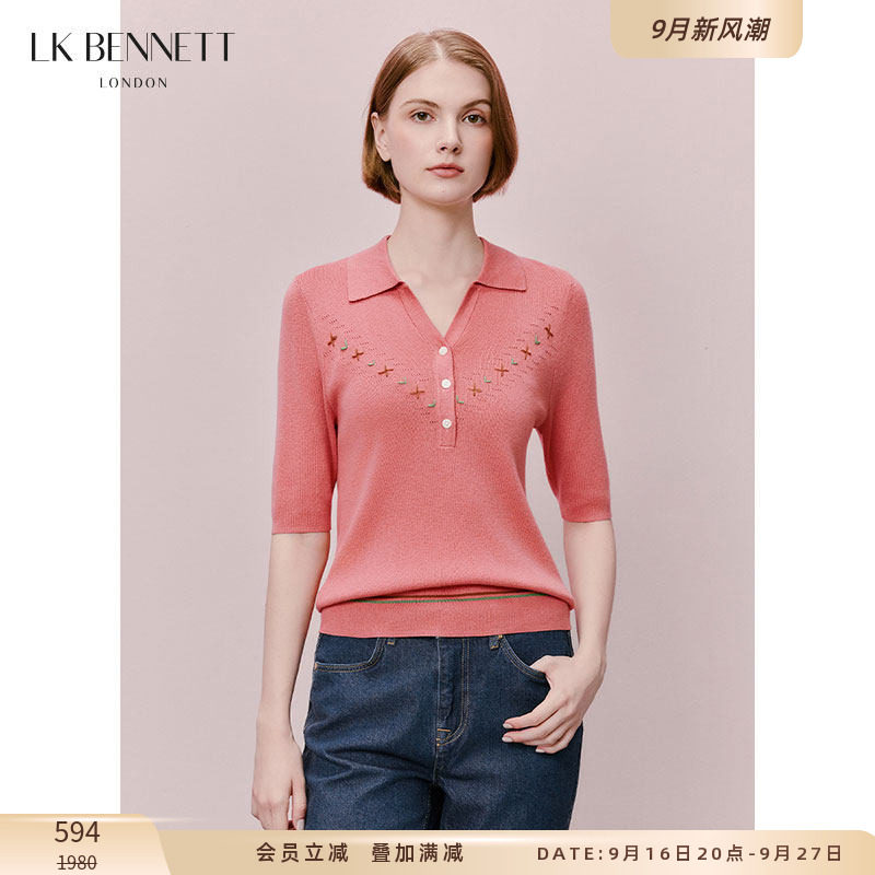 LK BENNETT粉色针织套头衫春新polo领休闲短袖修身款图片