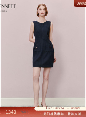LK BENNETT深蓝色连衣裙2025年夏新款气质圆领口袋设计收腰短款