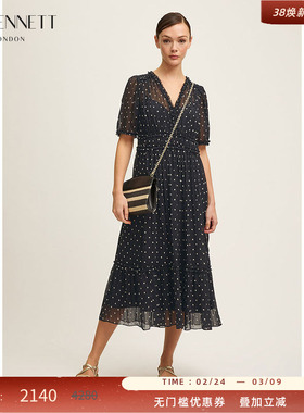 LK BENNETT黑色波点连衣裙2025年春新款复古V领收腰短袖长裙