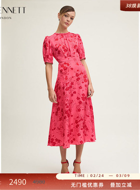 LK BENNETT粉色印花连衣裙2025年春夏新款优雅圆领法式泡泡袖长裙