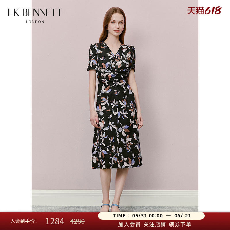 LK BENNETT黑色印花连衣裙夏新款连衣裙碎花V领气质