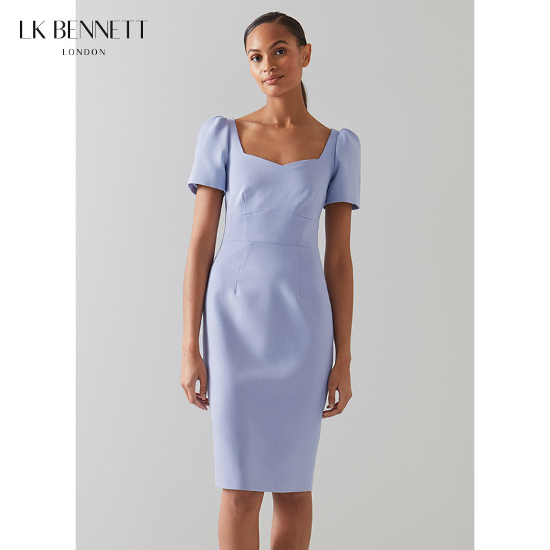 【袁姗姗同款】LK BENNETT紫色连衣裙女春夏短袖泡泡袖收腰礼服裙