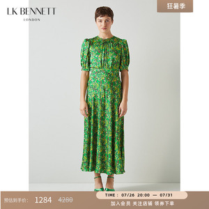 LK BENNETT绿色印花连衣裙女新款碎花短袖收腰优雅气质高级感