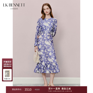 桑蚕丝高级感 lkbennett紫色山茶花印花连衣裙新款 闫妮同款
