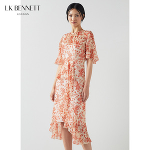 LK BENNETT红色高级印花真丝连衣裙女夏新款短袖不规则仙女裙