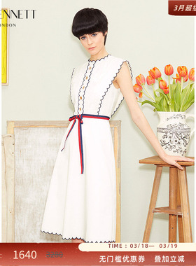 LK BENNETT白色法式连衣裙女夏无袖刺绣棉文艺感度假风长裙