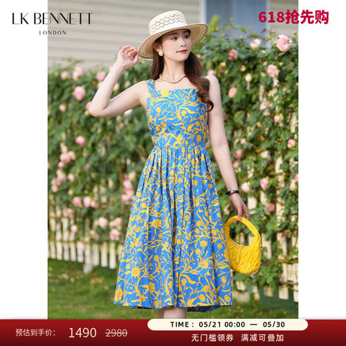 LK BENNETT蓝色纯棉印花吊带连衣裙夏新款方领收腰法式优雅