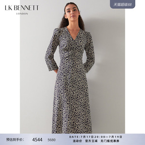 【朱珠同款】LK BENNETT印花真丝连衣裙女春秋v领收腰优雅长裙蚕