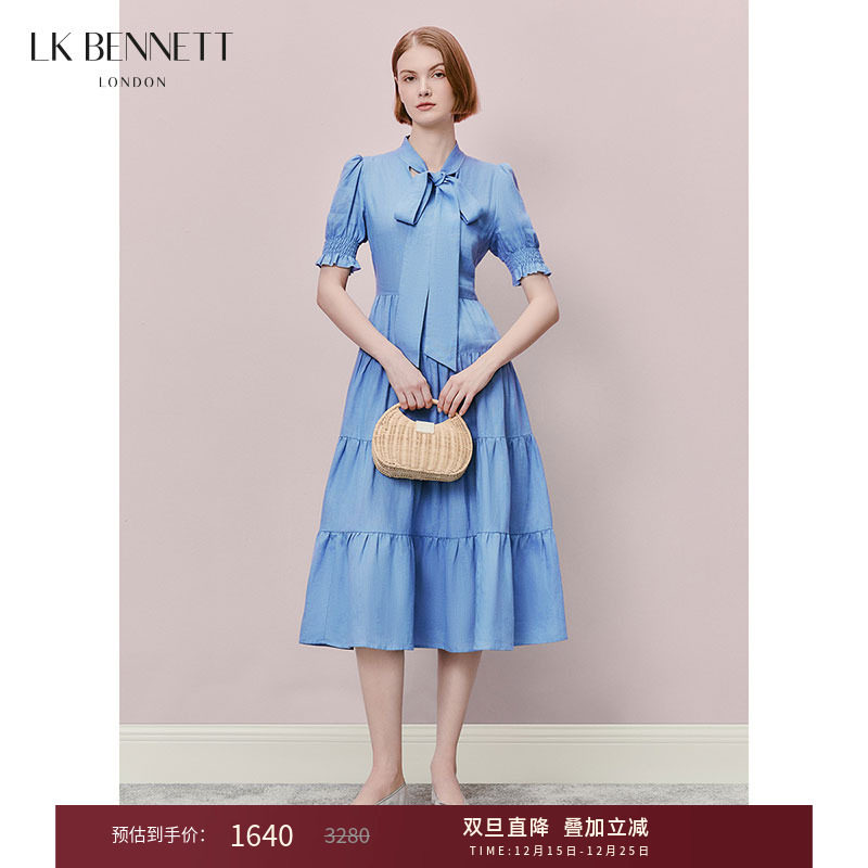 lkbennett蓝色飘带领连衣裙2025年春夏新款法式收腰泡泡袖蛋糕裙