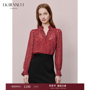 LK BENNETT红色印花衬衫女2025年春新款法式木耳边圆领雪纺上衣