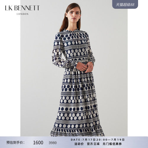 LK BENNETT深蓝长袖连衣裙女春新款法式气质设计感波点收腰