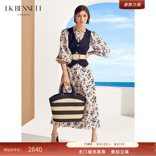 收腰长款 圆领灯笼袖 BENNETT米色素雅印花连衣裙春新款