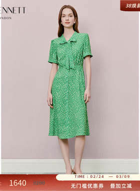 LK BENNETT绿色印花连衣裙2025年夏新款v领飘带法式醋纤飘逸优雅