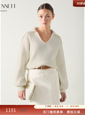 LK BENNETT米色套头毛衣女2025年秋新款纯色大翻领落肩袖前短后长