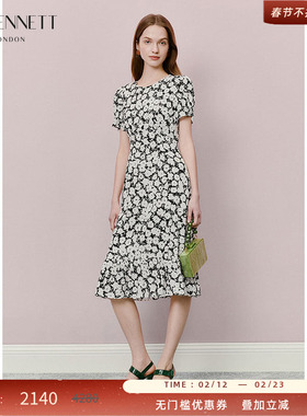 LK BENNETT黑色连衣裙2025年夏新款圆领泡泡袖收腰显瘦荷叶边裙摆