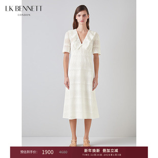 lkbennett白色翻领连衣裙女新款 镂空刺绣纯棉优雅淑女风 短袖