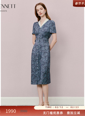【明星同款】LK BENNETT深蓝色印花连衣裙2025年夏V领收腰法式优