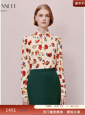 LK BENNETT法式淡黄色真丝印花衬衫2025年春新款复古花卉印花长袖