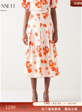 LK BENNETT橙色半身裙裤2025年夏新款印花压褶设计气质中长款