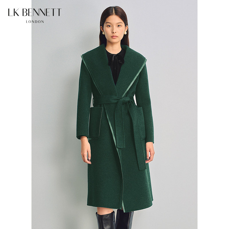 LK BENNETT绿色绵羊毛双面呢大衣女新款冬浴袍式系带呢子外套长款