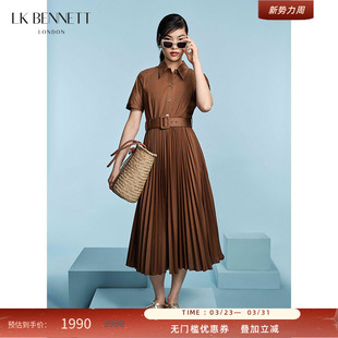 LK BENNETT咖啡色连衣裙春夏新款衬衫裙高级感短袖百褶裙
