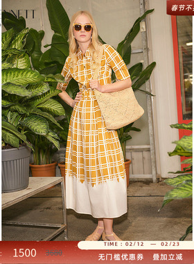 LK BENNETT黄色格纹连衣裙女新款夏季撞色格子短袖收腰衬衫裙
