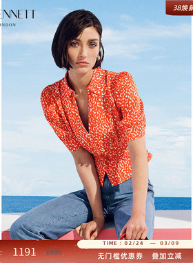 LK BENNETT红色印花上衣女2025年夏季新款翻领短袖泡泡袖开襟衬衫