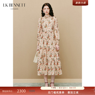LK BENNETT米色印花连衣裙女新款法式花边领长袖真丝连衣裙