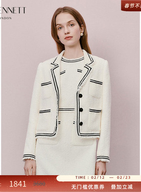 LK BENNETT白色小香风外套2025年春夏新款撞色织带设计西装领短款